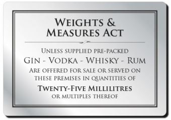 ﻿Weights & Measures Act Rigid Sign - Rounded Corners - 25ml - Silver / Black